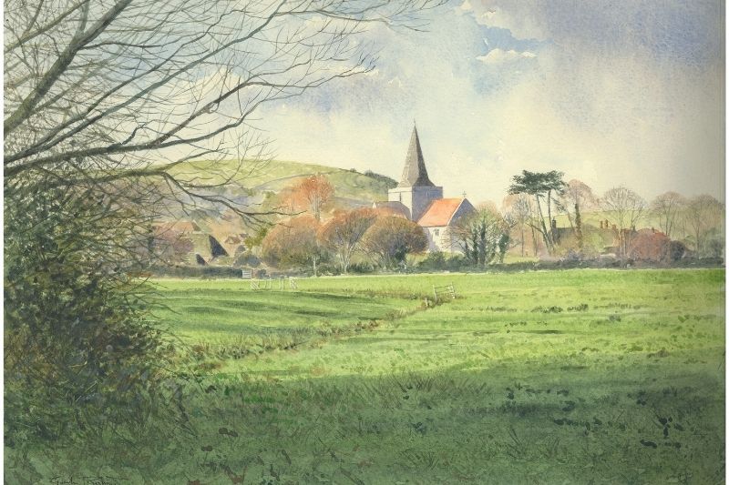 Painting of the village of Alfriston is Sussex, on a winter afternoon by artist Gordon Rushmer