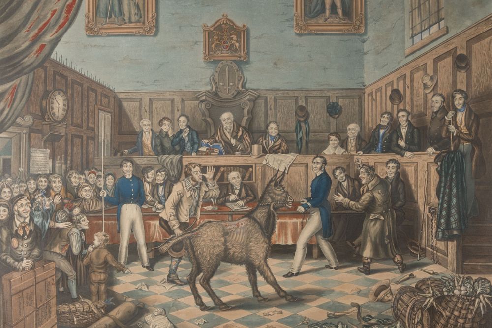 Painting of a donkey in a court room