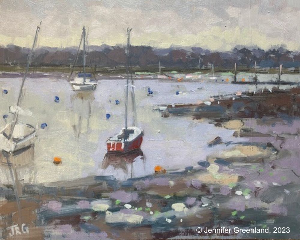Oil painting of boats in a harbour