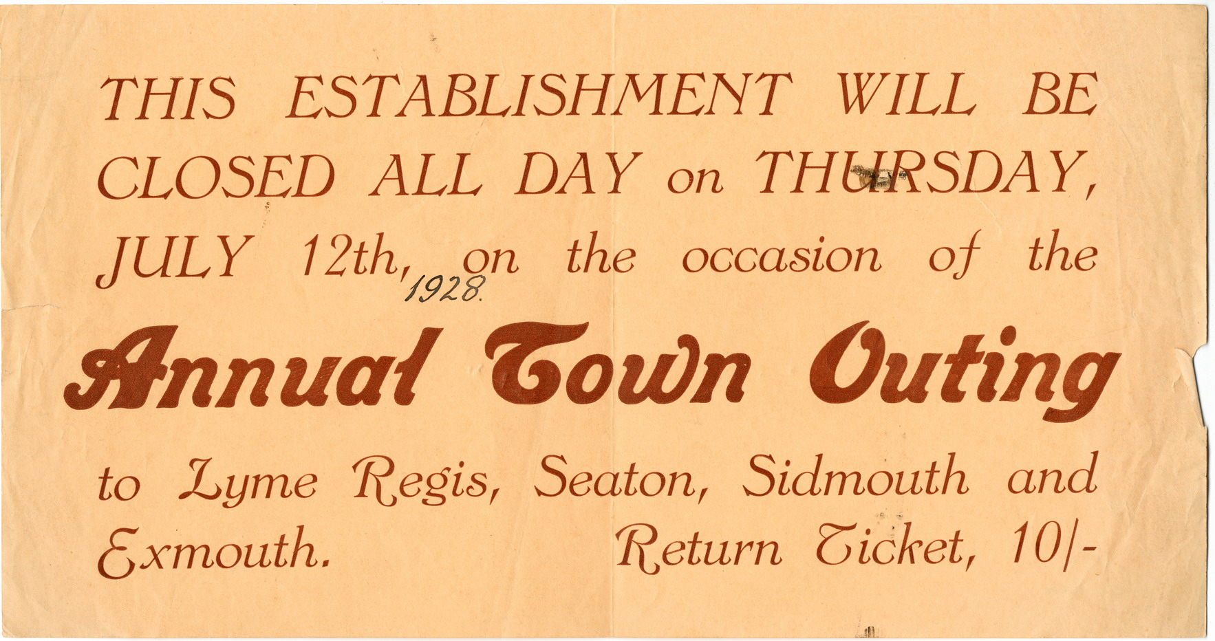 A notice for the 1928 Annual Town Outing organised by Horsham Chamber of Trade