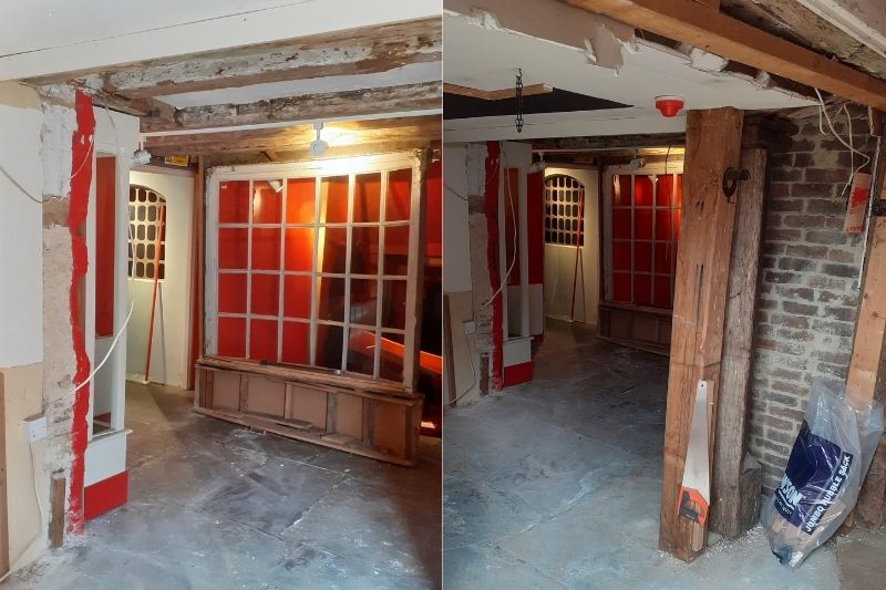 Two photos of the former Albery display in Horsham Museum. The space is bare and the exposed beams and tile floor are in tact