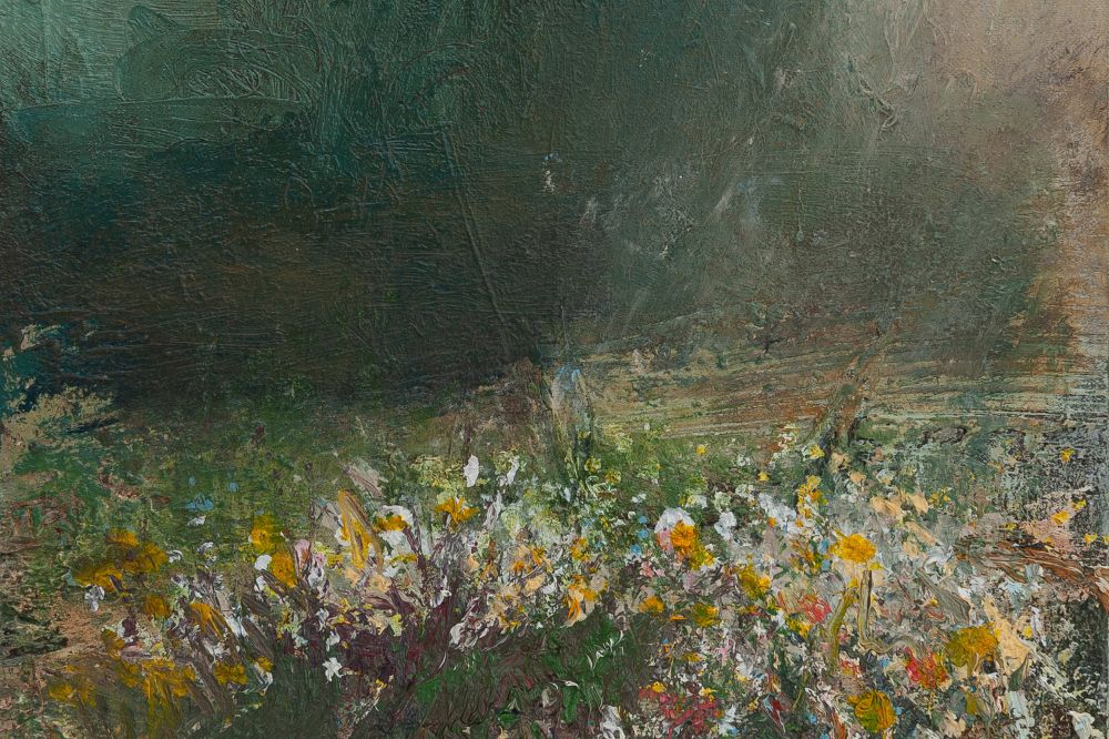 Oil painting of flowers in a landscape