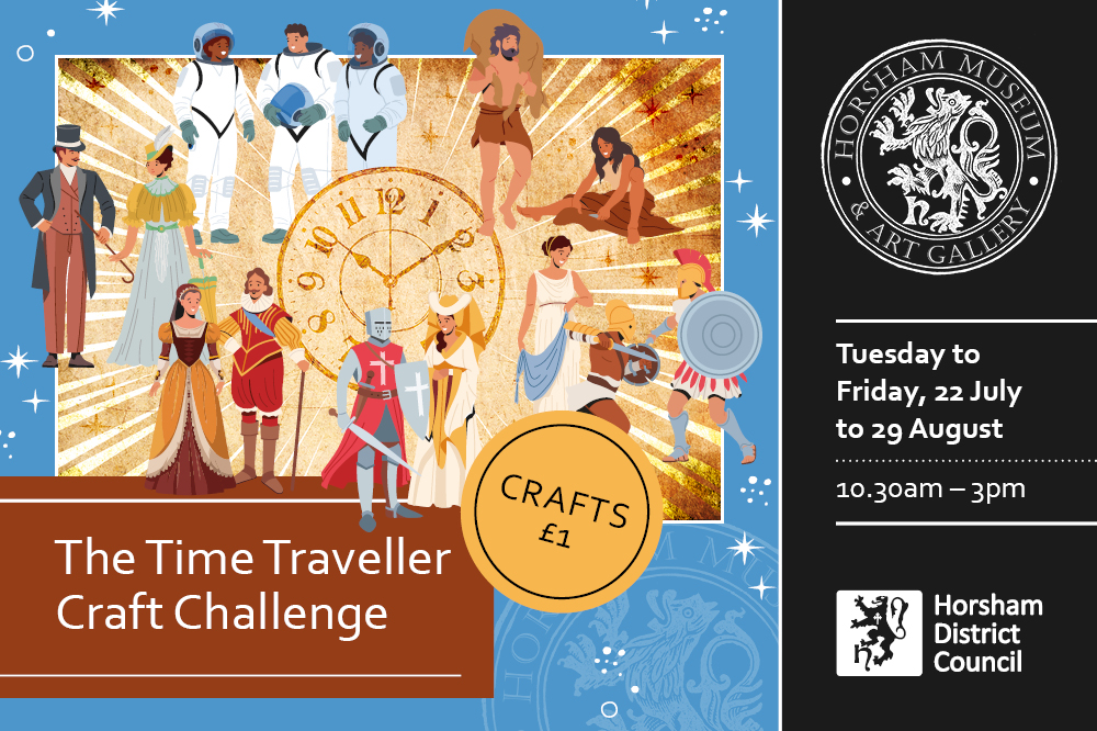 Time Traveller Graphic The Time Traveller Craft Challenge Poster. Tuesday to Friday, 22 July to 29 August. 10:30am - 3pm. Image of clock in background with cartoon people from different historical eras.