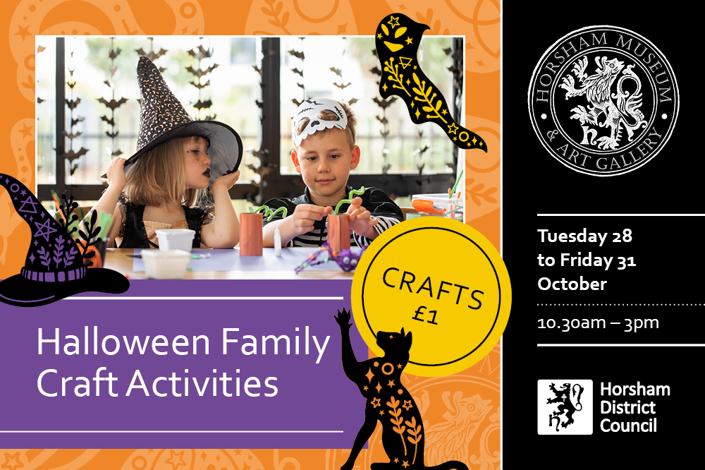 Reads: Halloween Family Craft Activities, crafts £1. Tuesday 28 to Friday 31 October, 10.30am - 3pm. Photo of children in Halloween costumes taking part in crafts, graphics around edge of ghost, cat and witch's hat.