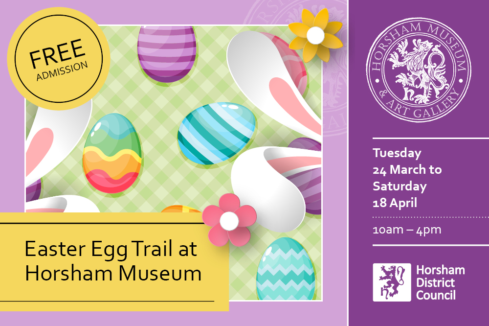 Promotional image for Easter Egg Trail at Horsham Museum. Purple background with cartoons of eggs, rabbit ears and flowers.
