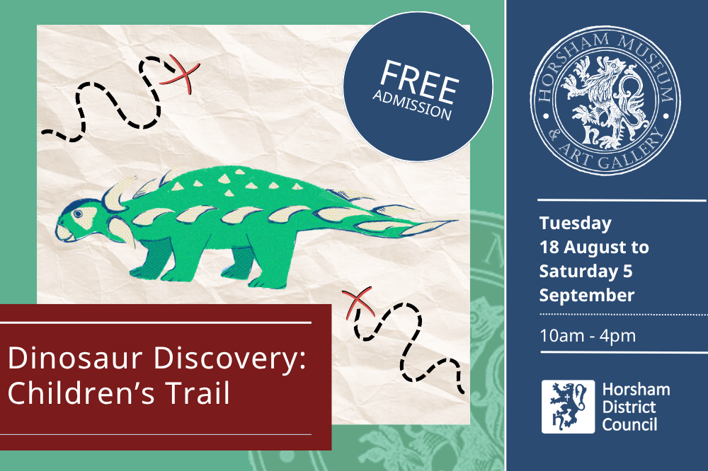 Promotional graphic for Dinosaur Discovery children's trail. Cartoon of a Horshamosaurus at centre.