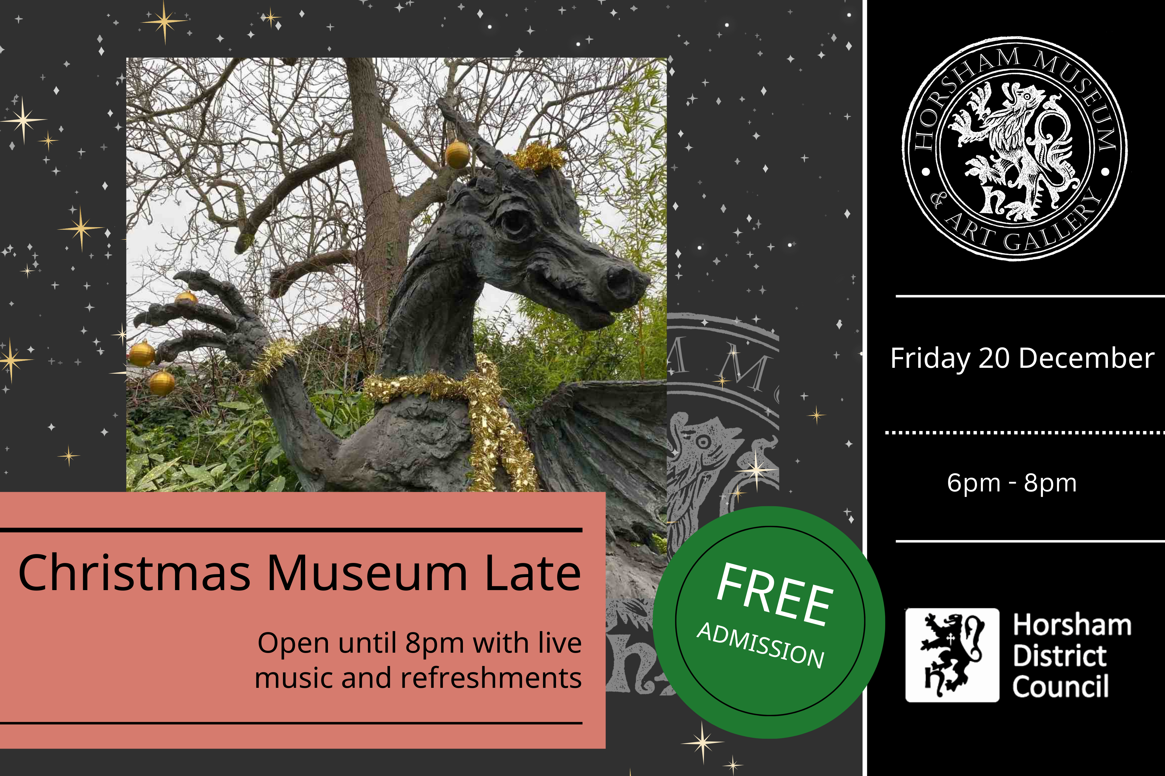 Poster for Christmas Museum Late at Horsham Museum. Background has picture of dragon statue wrapped in tinsel.