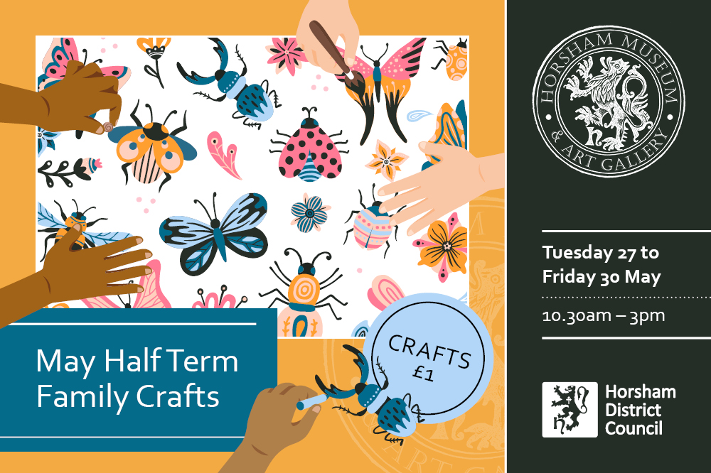 May Crafts Advert Promotional image for May Half Term Family Crafts. Cartoon of bugs being drawn by children. Tuesday 27 to Friday 30 May, 10.30am - 3pm. Crafts £1.