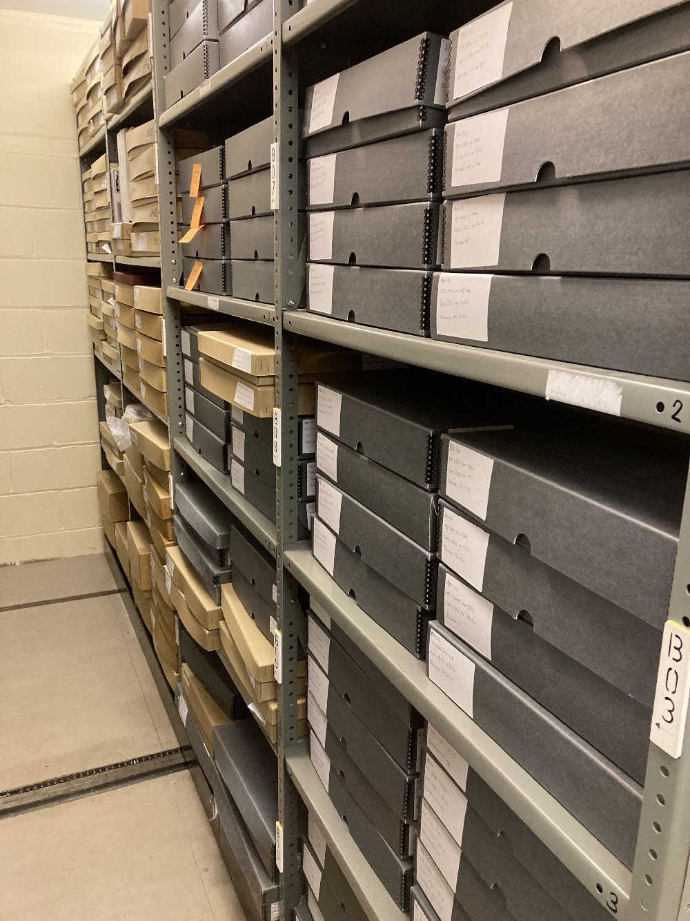 Photo of archive boxes, neatly stored