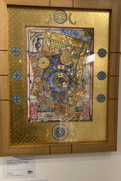 Gold and colourful artwork depicting motifs related to Horsham