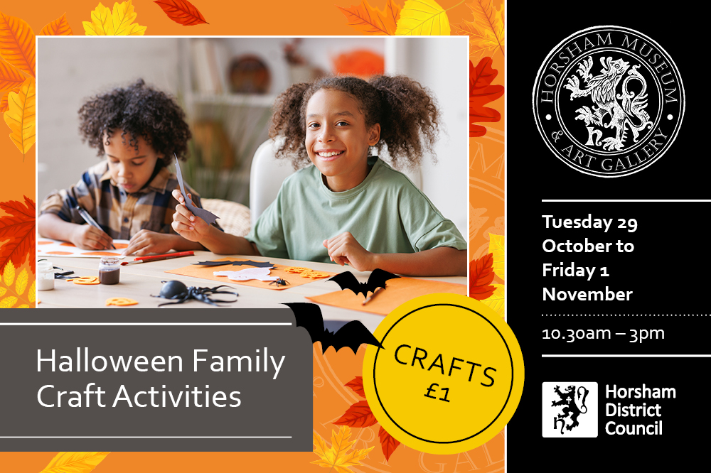 Poster for Halloween Family Craft Activities, background of orange leaves with photo in middle of two children taking part in crafts. 