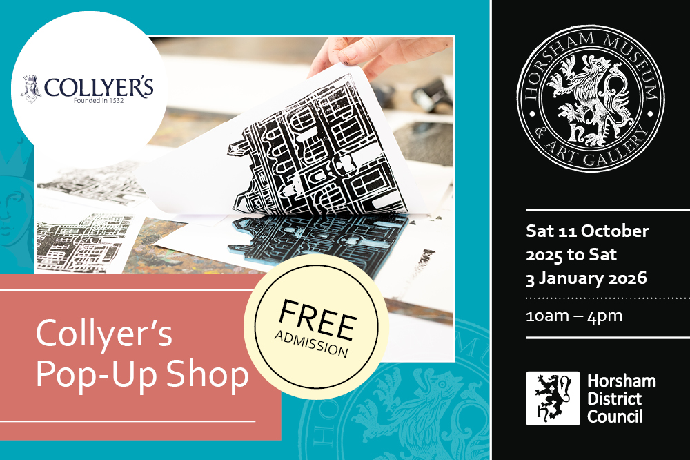 Reads: Collyer's Pop-Up Shop, Free Admission. Sat 11 October 2025 to Sat 3 January 2026, 10am - 4pm. Photograph of linocut print being made.