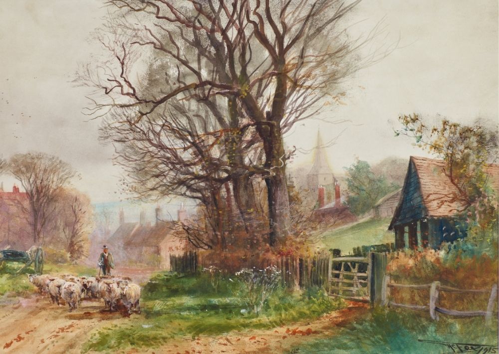 Rural scene showing a map walking sheep down a lane. In the background is a village with a church.