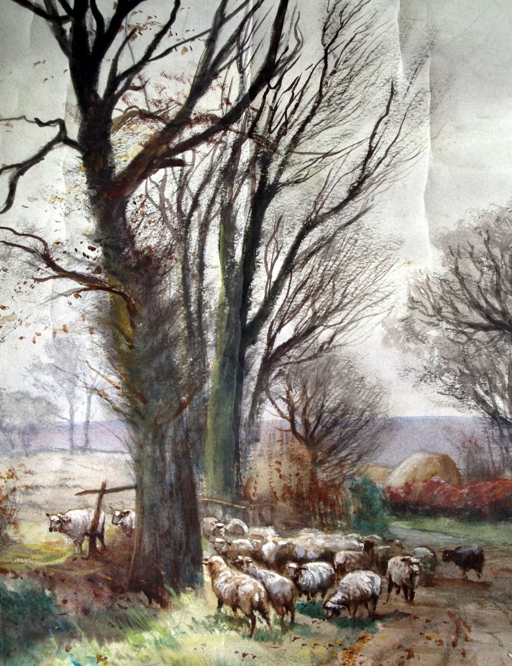 Watercolour painting showing sheep crossing a stile into a field.