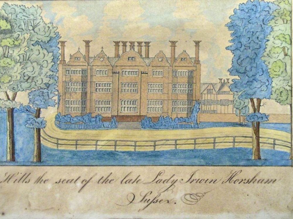 Colour drawing of a jacobean building and landscape