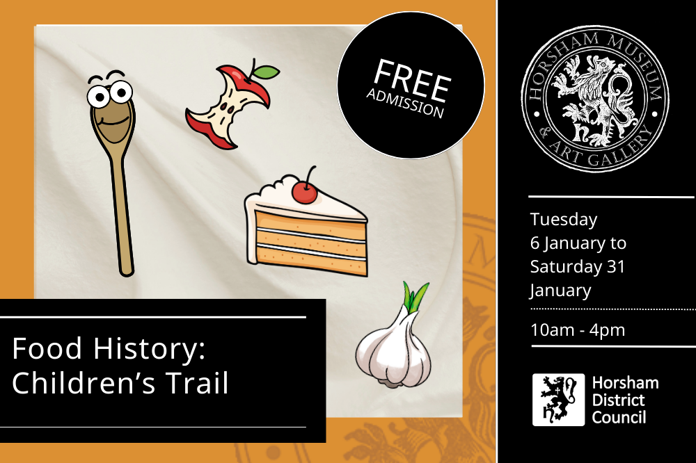Promotional image for children's trail. Cartoon of spoon and food items on white and yellow background. Text reads: Food History Children's Trail, Free admission, Tuesday 6 January to Saturday 31 January, 10am - 4pm.