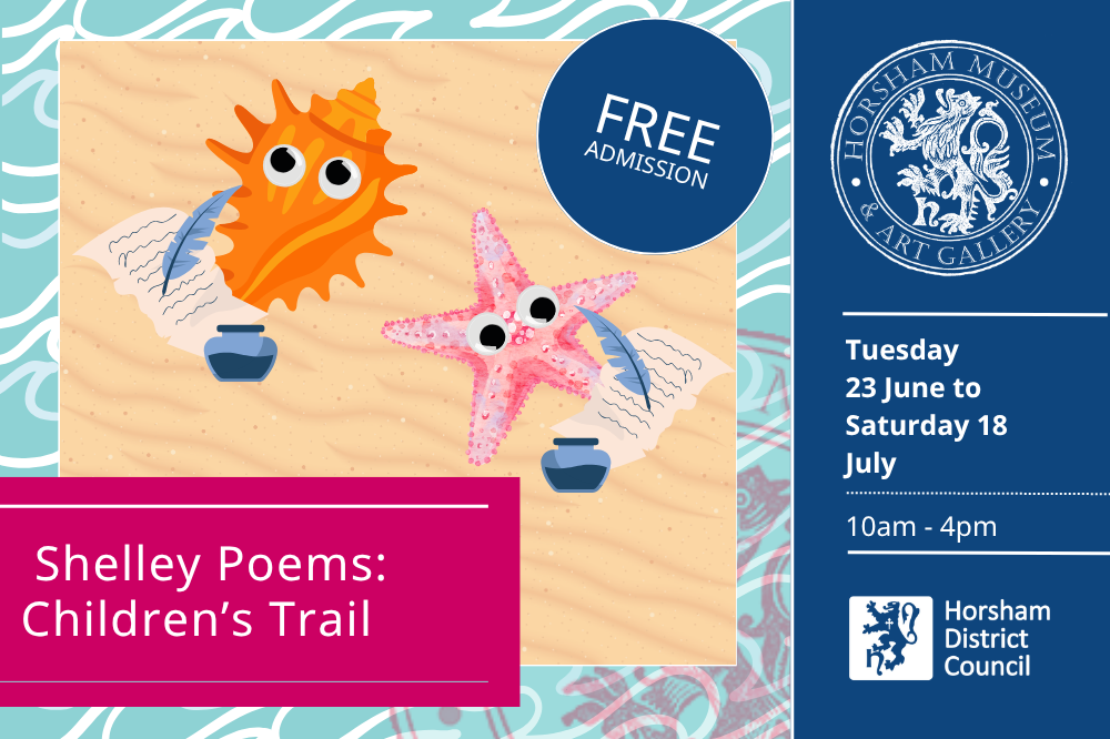Promotional graphic for Shelley Poems Children's Trail. Cartoon of shells on sand writing poetry.