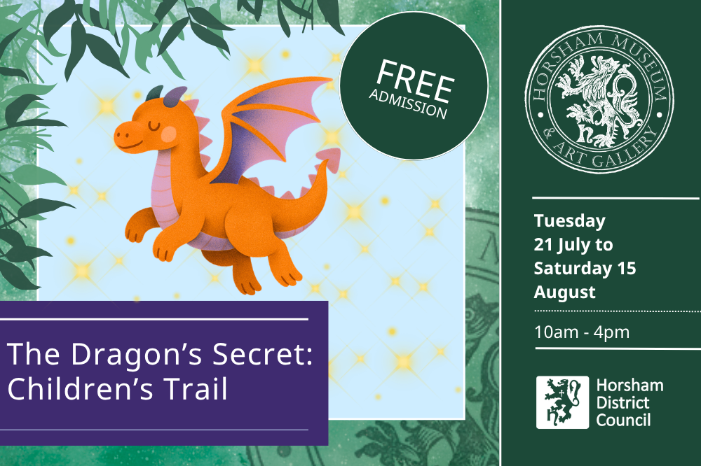 Promotional image for Dragon's Secret Children's Trail. Dragon flying surrounded by stars and leaves around border.