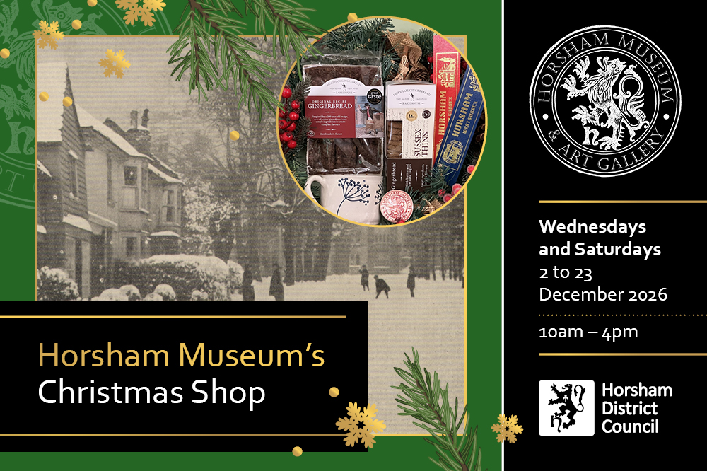 Promotional image for Horsham Museum's Christmas Shop, photos of Causeway in snow and of Horsham themed items in the Museum shop