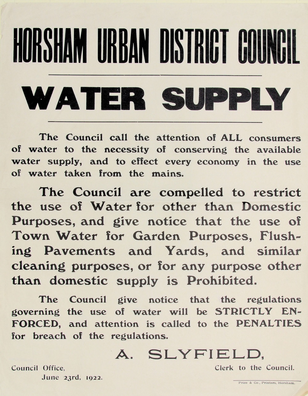 A Horsham Urban District Council notice about the water shortage in 1922