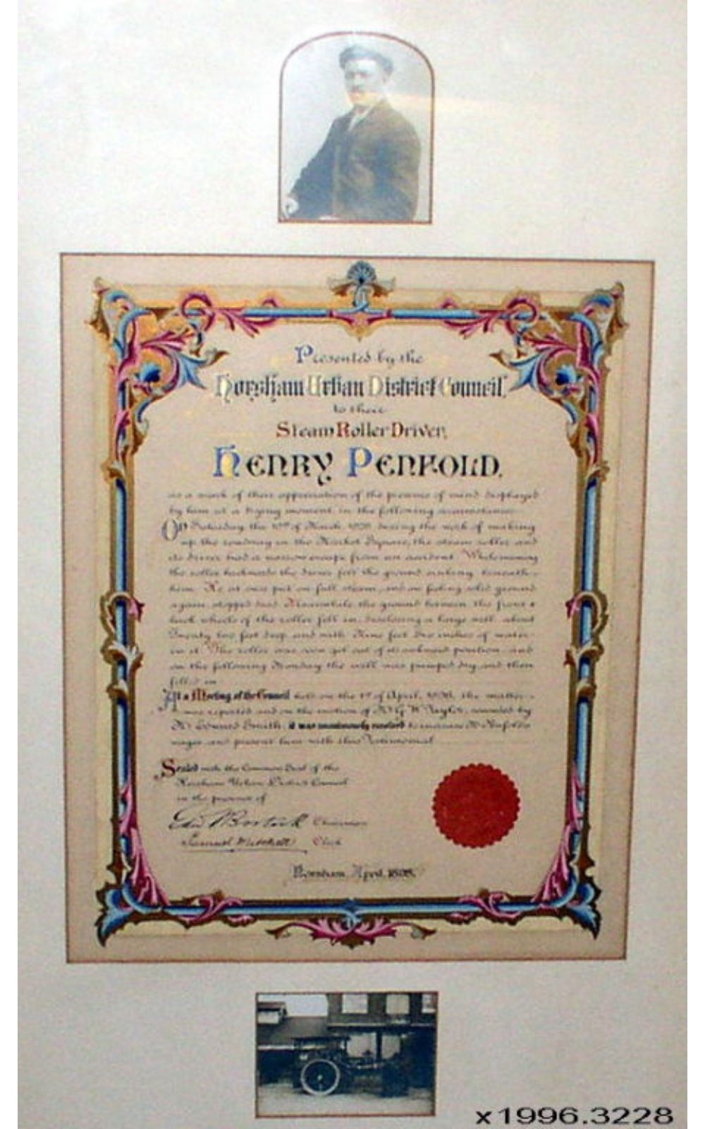 Illiminated Presentation Certificate to Henry Penfold, Steam Roller Driver