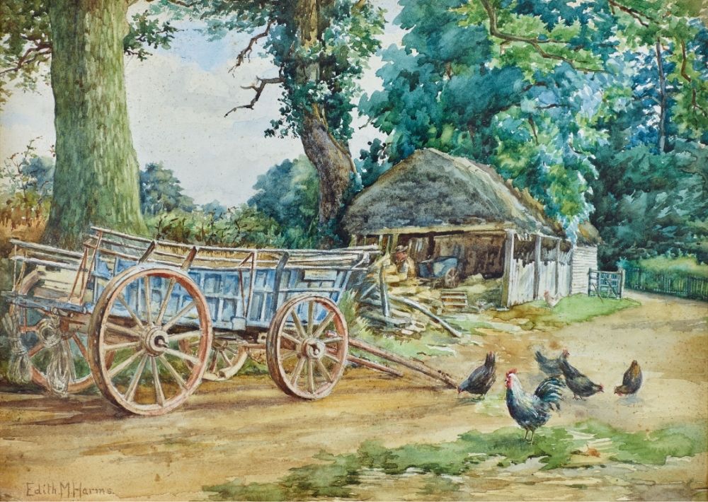 Farm scene showing a large wagon, a barn nestled amongst some trees, and 6 chickens in the foreground
