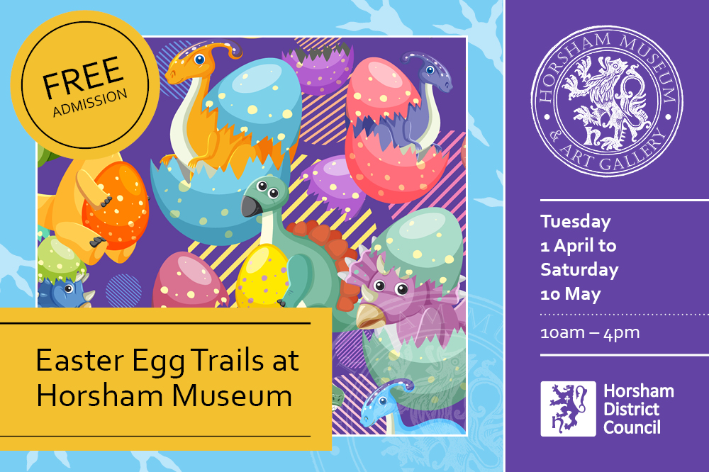 Advert image for Easter Egg Trails at Horsham Museum. Background of cartoon dinosaurs and eggs.