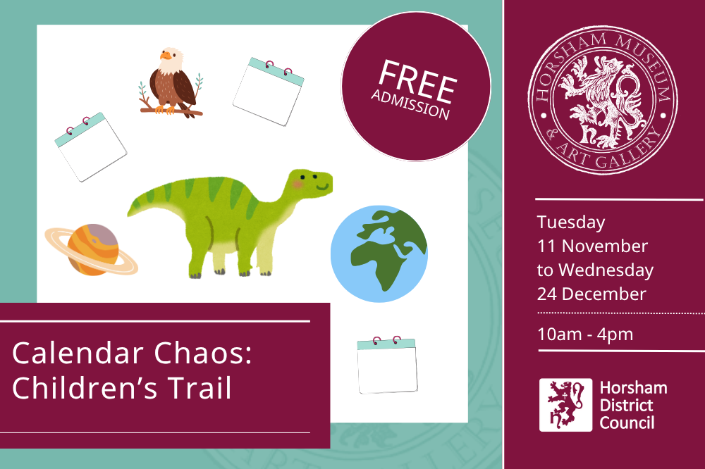 Promotional image for Calendar Chaos Children's Trail, Tuesday 11 November to Wednesday 24 December. Cartoon of dinosaur, planet and eagle surrounded by calendars.