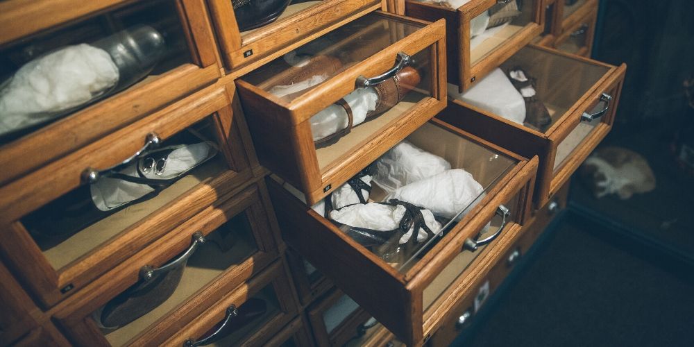 Drawers of shoes in the Archive
