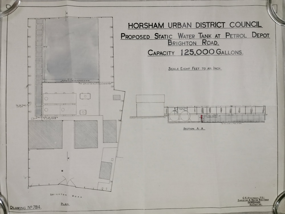 Plans for proposed static water tank at Petrol Depot, Brighton Road; 1” to 8 ft, 1941.