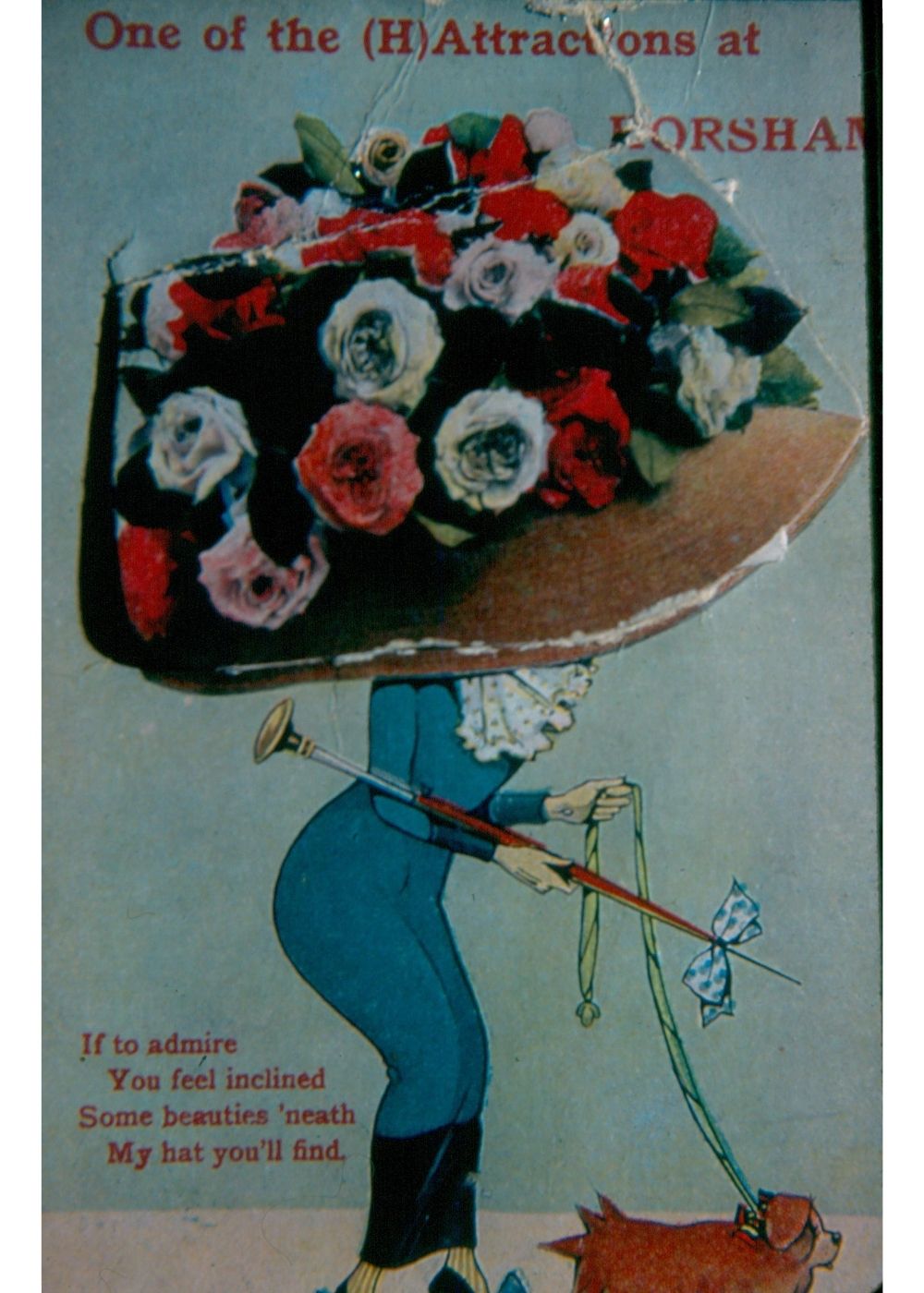 Colour postcard of a woman walking her dog. The woman is wearing an enormous hat covered in flowers.