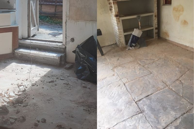 A before image on the left shows the cement flooring. On the right is the original flagstone, revealed after laying hidden for 50 years