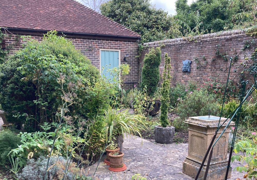 Plant beds, pathways and buildings