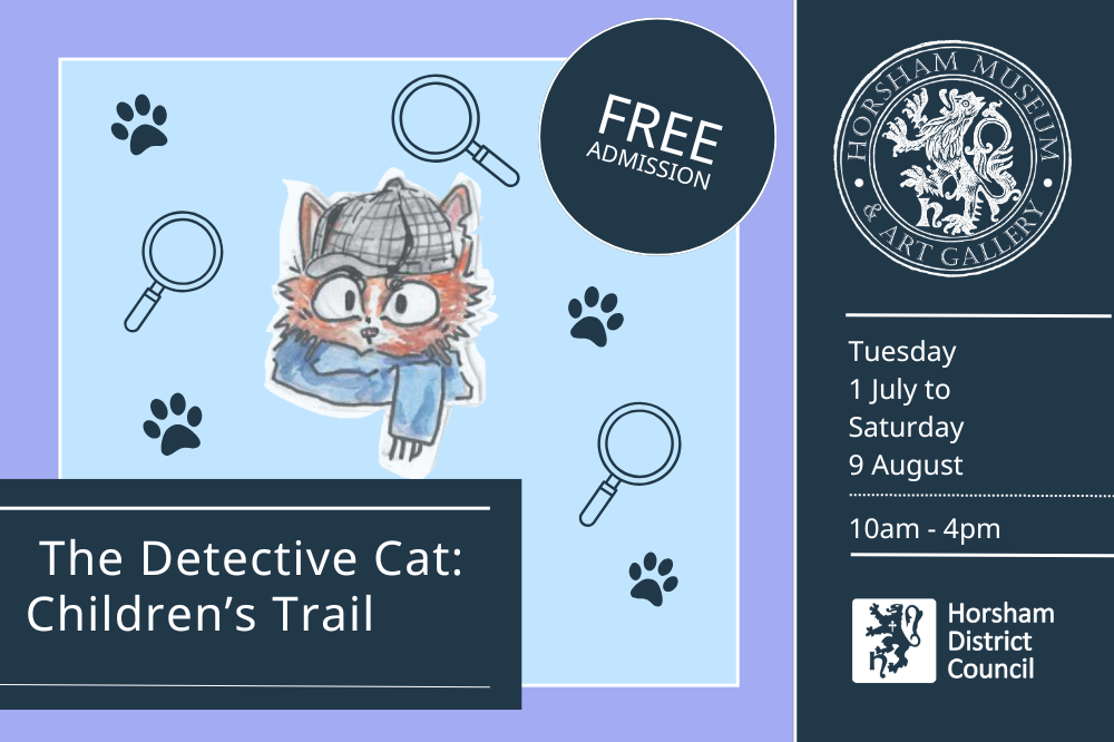 The Detective Cat Promotional image for children's trail. Reads: The Detective Cat: Children's Trail. Free Admission. Tuesday 1 July to Saturday 9 August, 10am - 4pm. Cartoon of orange cat wearing detective hat in middle. Horsham Museum logo and Horsham District Council logo on right side.