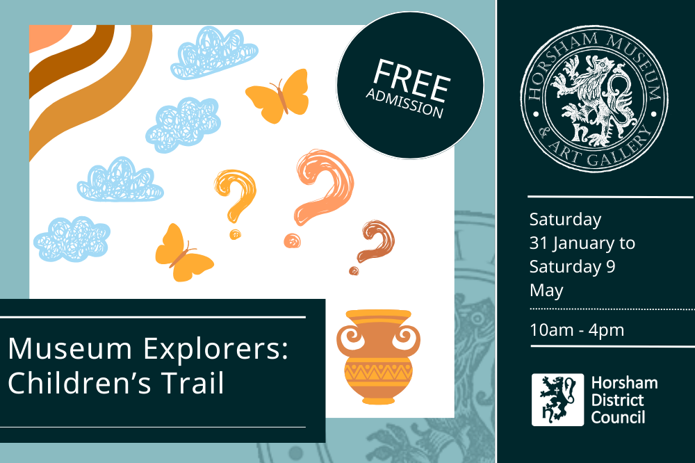 Museum Explorers Children's Trail graphic, Saturday 31 January to Saturday 9 May. Blue background with cartoon blue and yellow decorations.