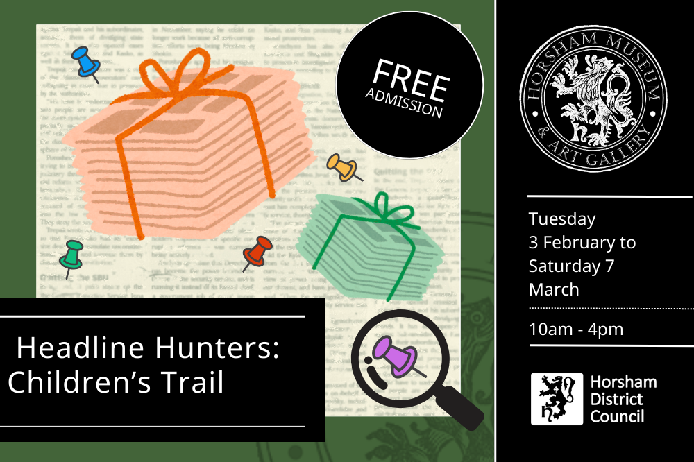 Headline Hunters Children's Trail promotional image. Free admission, Tuesday 3 February to Saturday 7 March. Green background, cartoons of newspapers, pinboard pins and a magnifying glass.