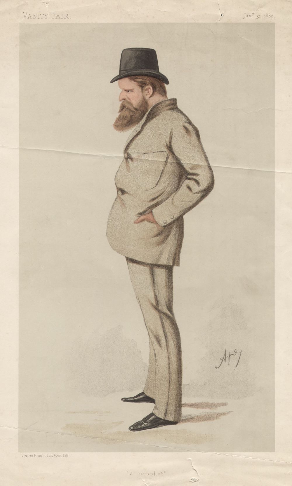 Caricature of Blunt in Vanity Fair Magazine, signed by Ape. Colour image a middle aged man with a moustache and beard, wearing a light coloured suit, smart shoes and a hat.