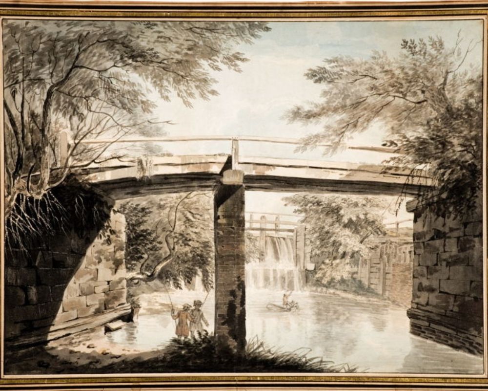 Watercolour in muted tones showing two figures under a bridge. The figures are fishing in a river