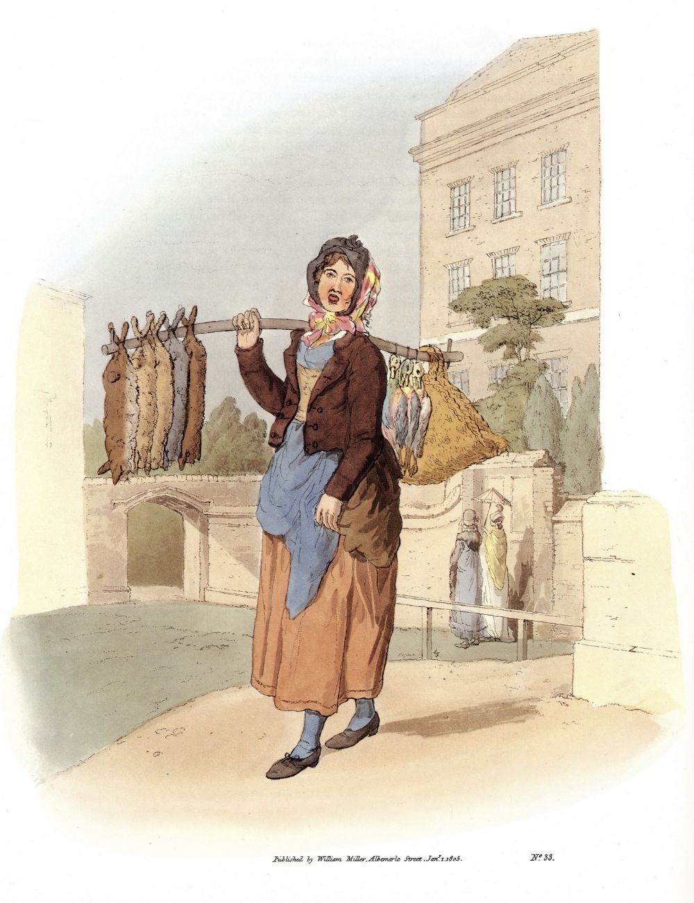 Book=plate showing a female rabbit seller. She is wearing 18th century clothing and is carrying rabbits and ducks on a stick over her shoulder.