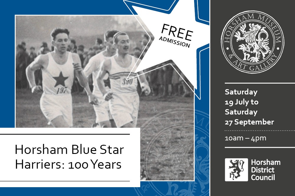 Black and white image of runners against a blue and white background