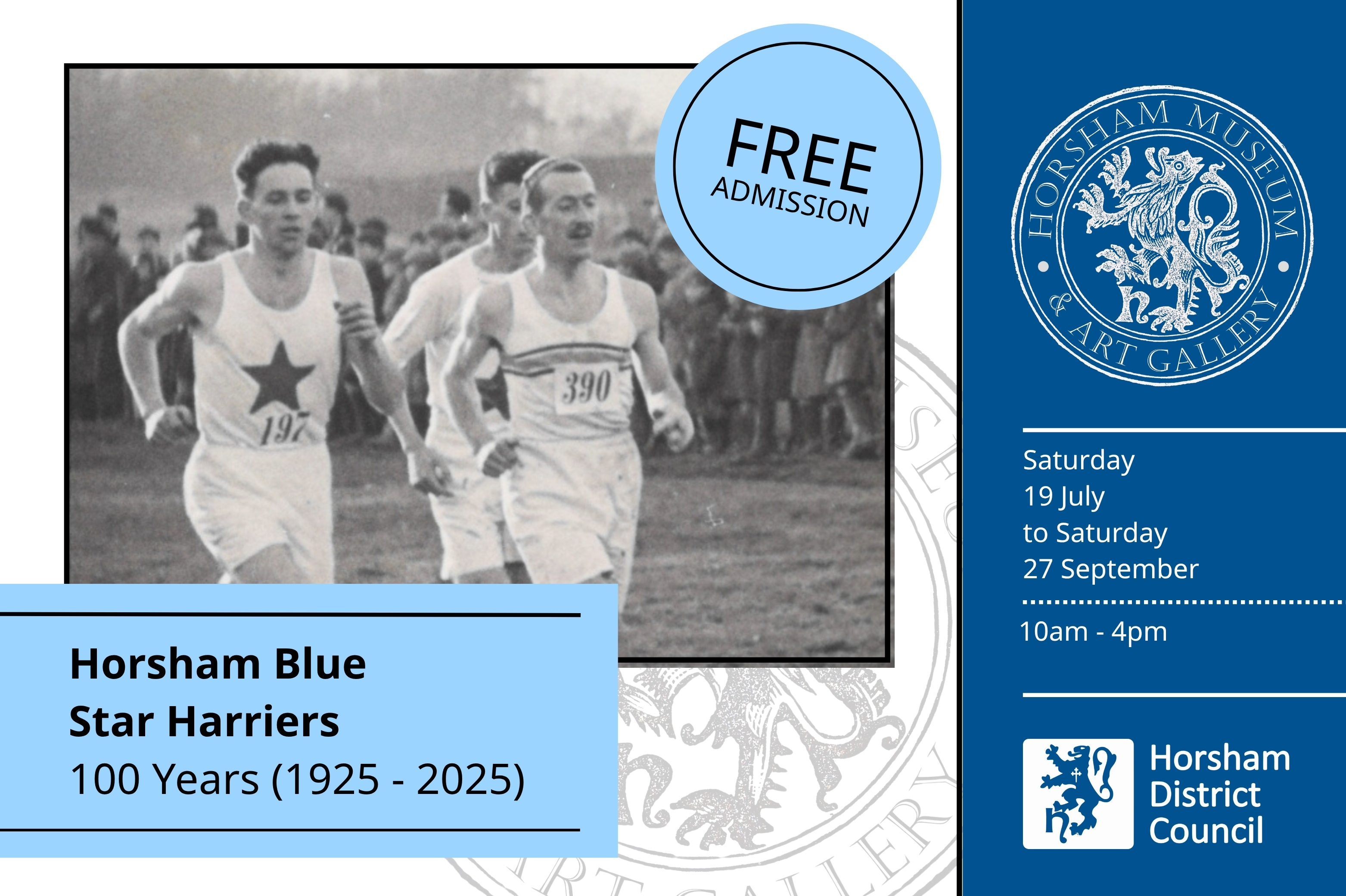 Black and white image of runners against a blue and white background
