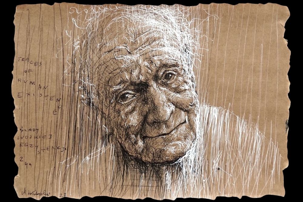 Portait of a man drawn in black and white ink onto cardboard