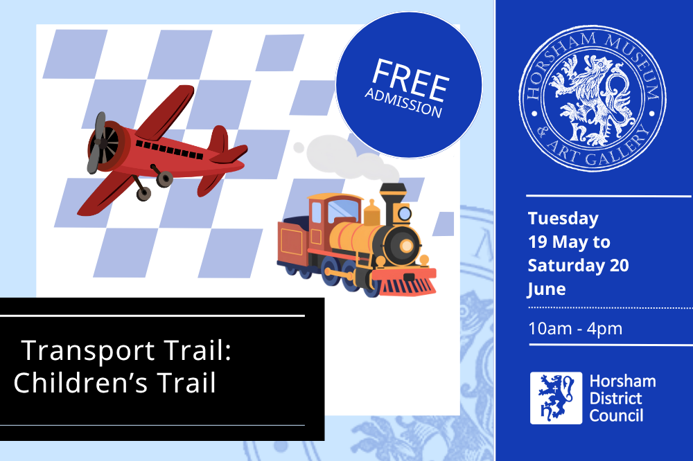 Promotional image for Transport Trail. Blue background with cartoon of train and plane.