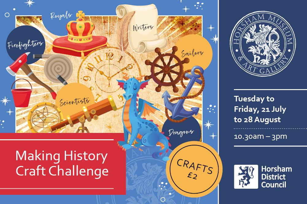 Promotional graphic for Making History Craft Challenge. Cartoon of clock surrounded by items related to the theme of each week.