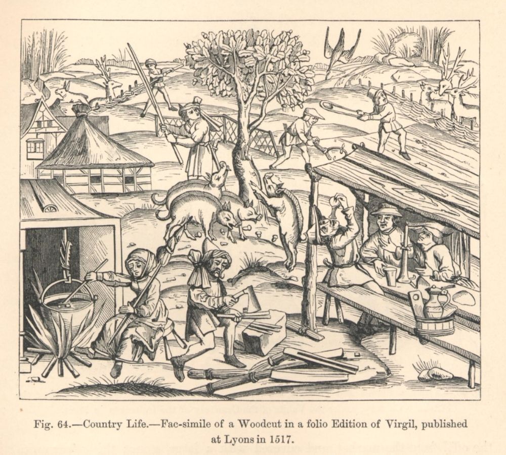 16th century woodcut showing people farming, cutting wood, cooking, and eating.