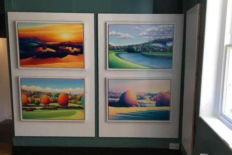 Four paintings by Sarah Duffield in the Discover the District gallery. Duffield has a bright colourful style and depicts countryside scenes across Horsham District