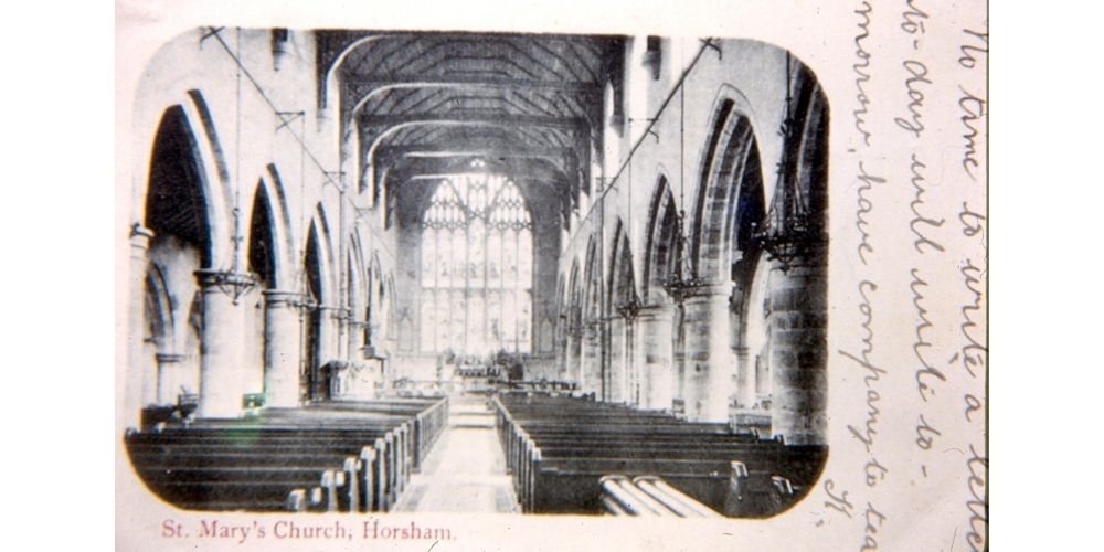 Postcard of the interior of St Mary's Church, Horsham.