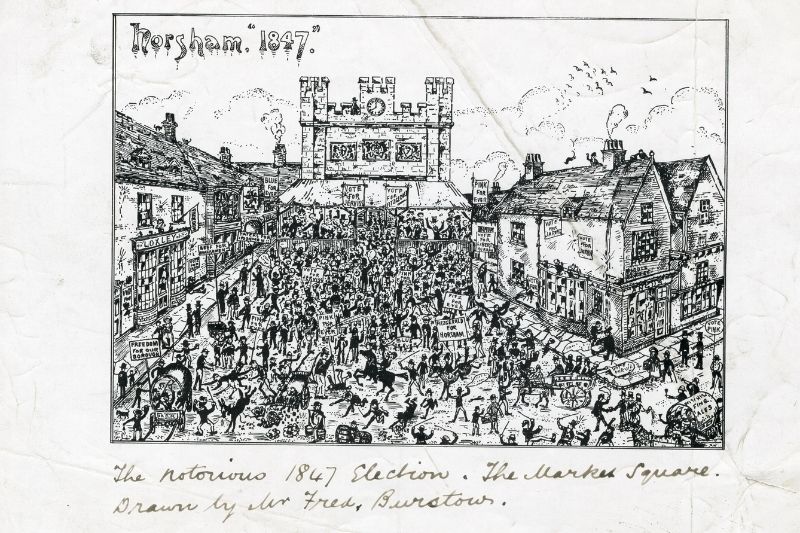 A cartoon depicting Horsham's busy market square during the 1847 election period. Lots of people are holding placards and the town hall clock is clearly visible.