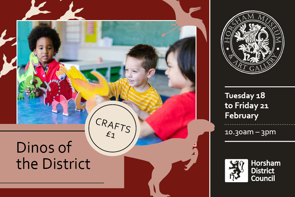 Picture of children taking part in dinosaur crafts with title of Dinos of the District. Side of image gives dates of Tuesday 18 February to Friday 21 February, 10:30am - 3pm for crafts.