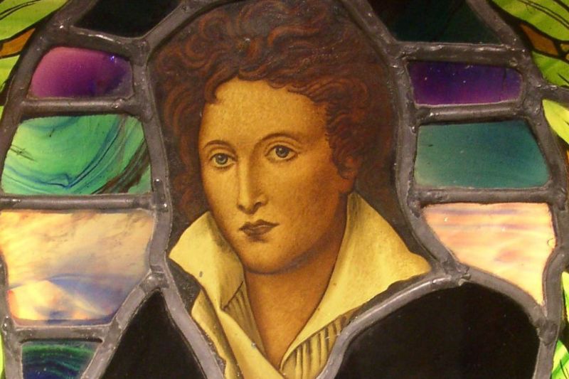 Stained glass window with image of Percy Bysshe Shelley